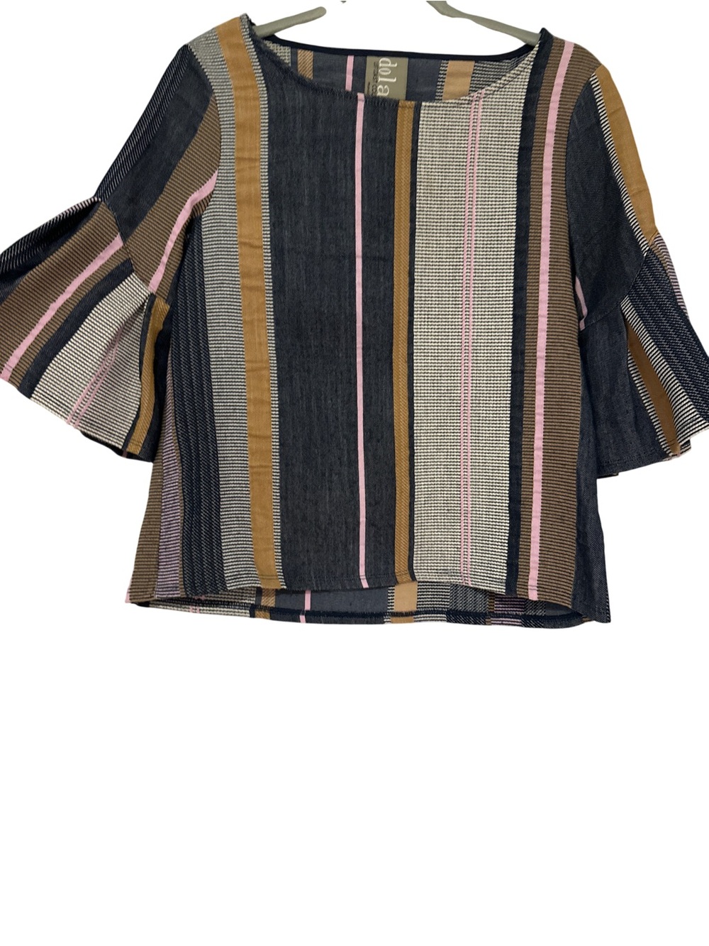Dolan by Anthropologie Striped Bell-Sleeve Blouse in Denim, Tan & Pink, XS